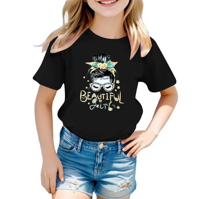 WEAIXIMIUNG T-Shirts à Col Montant pour Fille Enfant Filles Mignon Imprimé Graphique Col Rond Manches Courtes Tee Été Décontracté T-Shirt