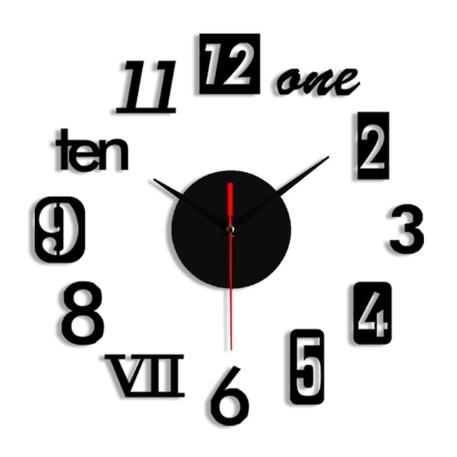 Meitianfacai Frameless DIY Wall Mute Clock Mirror Sticker Home Office Decor, Black