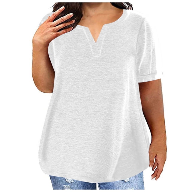 Timegard Plus Size Tops for Women V-Neck Short Sleeve Solid Color Comfy Basic Tee Casual Loose Tops