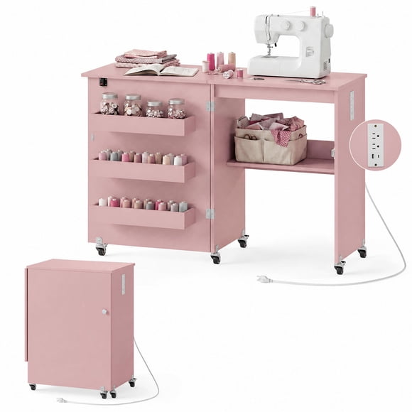 Costway Folding Sewing Machine Table with Power Outlets, 3 Storage Bins & Open Shelf Pink