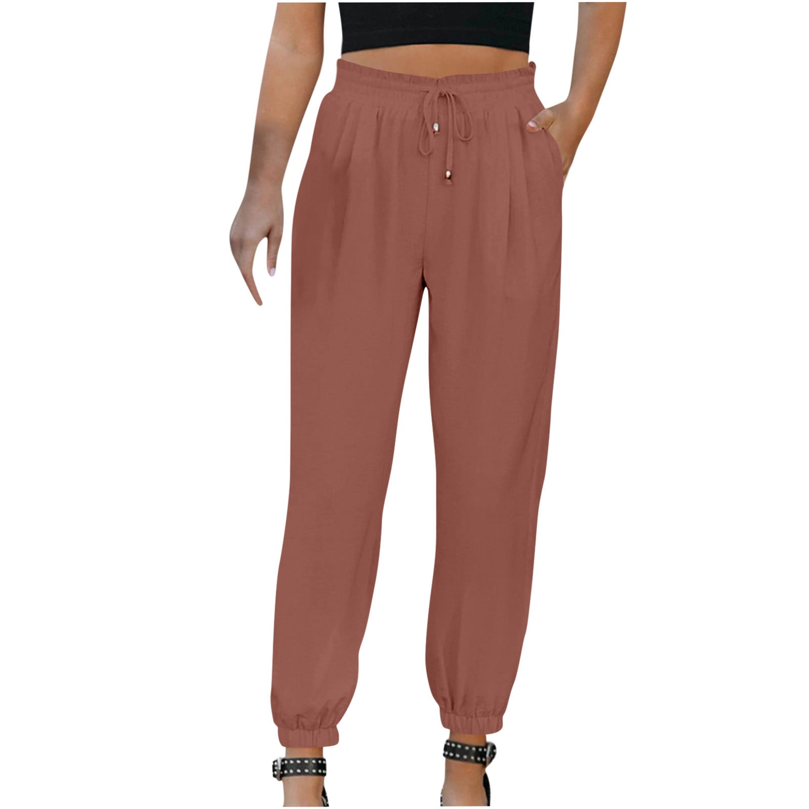 LLYwey Sweat Pants For Womens Woman Color Cotton and Linen Drawstring Elastic Waist Long Straight Pants Female Cargo Pants Long Pant Style H1210 Pinks L