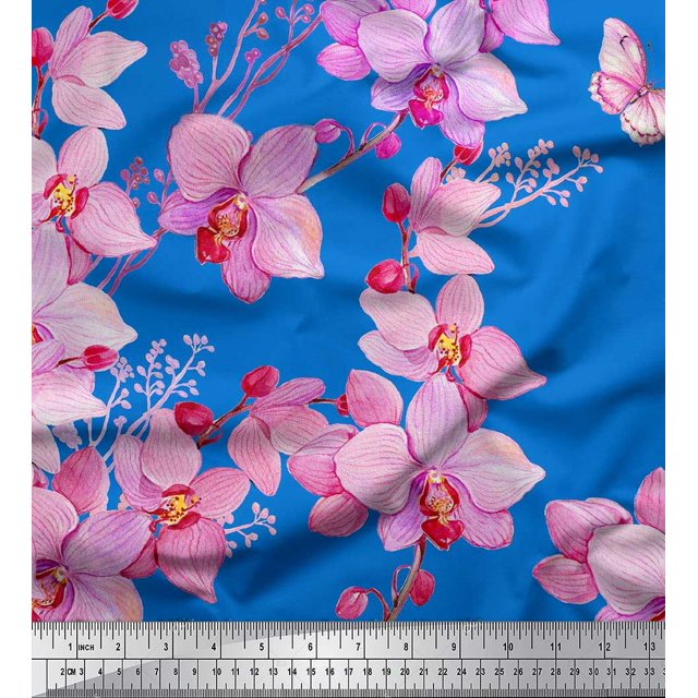 Soimoi Rayon Fabric Bird & Orchids Flower Print Fabric by the Yard 42 Inch Wide