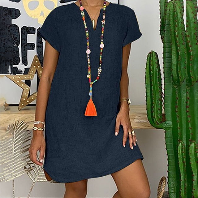 LOVZFMLL Mode Femmes Ample Col en V Été Uni Manches Courtes Robe en Coton et Lin Bleu Foncé 4TG