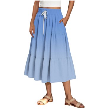 Bocqde Women's Flowy Midi Skirts Summer Gradient Printed A-Line Ruffle Swing Long Skirt Fashion Casual Pleated Drawstring Elastic High Waist Skirt