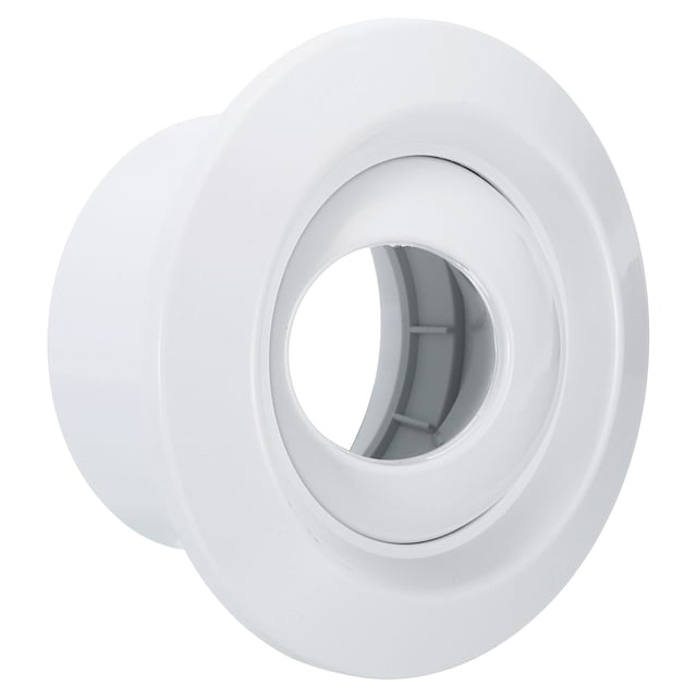 Unique Bargains 4 Inch Round Air Vent, Adjustable Ball Jet Nozzle Diffuser Ceiling Diffuser Vent Cover ABS Soffit Vent centered front view of a white ABS 4-inch ceiling diffuser with a 360° rotatable spherical core for adjustable airflow; compatible with 4-inch duct/ceiling holes, 5.43 in diameter x 2.24 in depth, often used for room ventilation and suitable for closet or cabinet ventilation.
