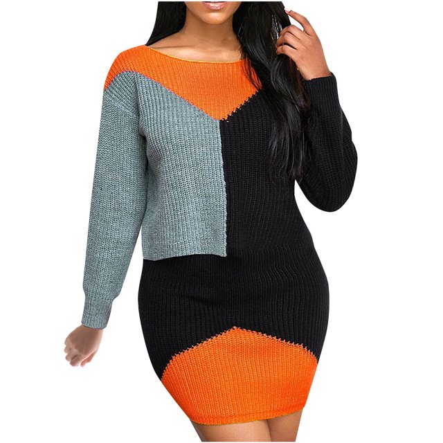 CEHVOM Automne et Hiver Femmes Décontracté Patchwork Manches Longues Col Rond Robe Chandail