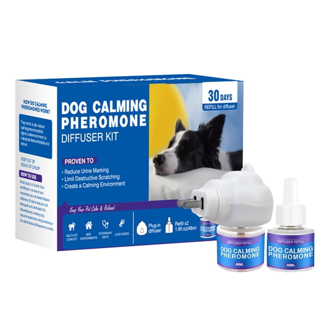 96ml Dog Calming Diffuser Kit with a plug-in diffuser and two 48ml refill vials, designed to release dog pheromones that reduce anxiety and stress. Provides up to 60 days of calming effects, suitable for stress-inducing situations like moving, thunderstorms, and new environments. Easy to use, safe, and odorless, ideal for most dog breeds and ages. Packaging highlights benefits such as reducing urine marking and destructive scratching.
