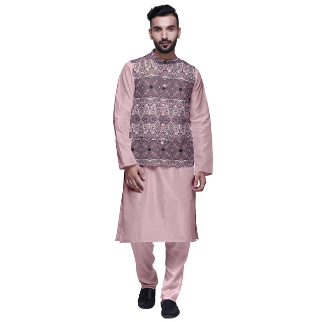 Atasi Kurta Pyjama Traditionnel Uni à Col Mandarin avec Ensemble de Veste Imprimée