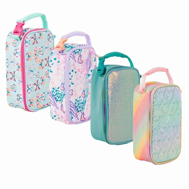 Assorted Lunch Bag, insulated lunch box set with four upright rectangular bags featuring padded handles and double zippers, showcasing vibrant butterfly, heart, abstract, and iridescent designs in durable polyester, ideal for keeping meals fresh on-the-go and suitable for storing snacks or small items.