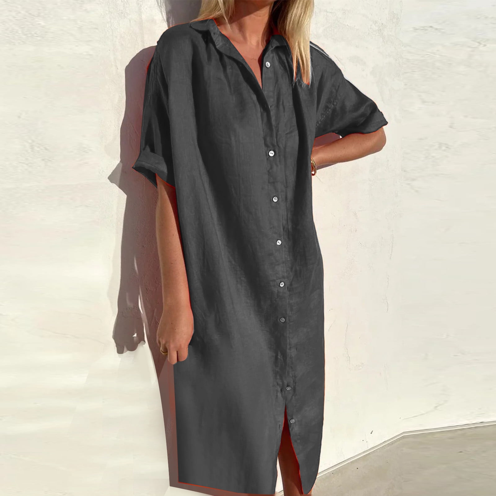 Robe d'Été pour Femmes 2024 Mode Grande Taille Printemps et Col à Revers Robe en Coton et Lin à Boutons Décontractée avec Poche Robe Chemise à Manches Courtes Rabais de 50 % Liquidation!