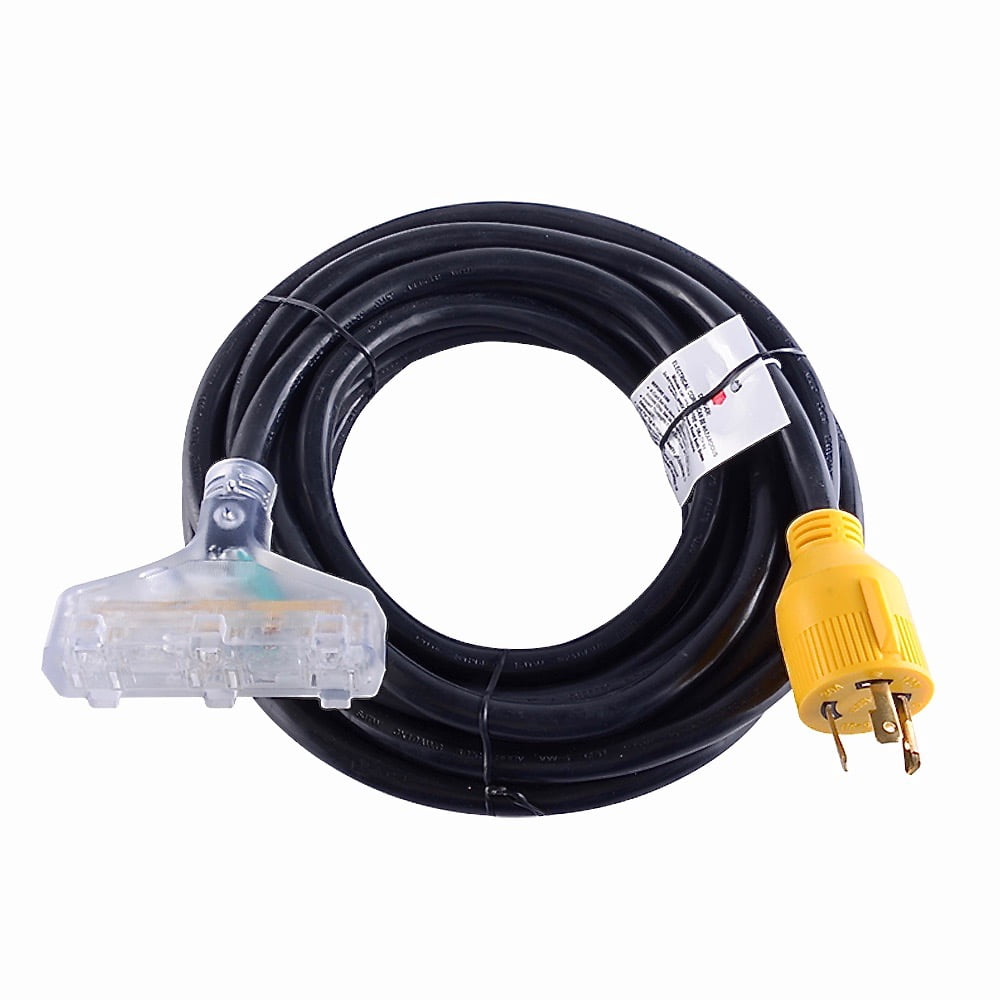 MaxWorks 80843 Lighted 10 Gauge Generator Extension Power Cord Cable Black/Yellow with L5-30P Plug and 3 15-amp Outlets