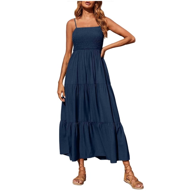 Robes à Bretelles Spaghetti pour Femmes Robes Bohèmes à Bretelles Spaghetti pour Femmes Smockées à Étages Longues Robes de Plage Soleil Sans Manches Robe Maxi Unie Longue Robe Maxi Longue pour Femmes Longues Robes Maxi pour Femmes