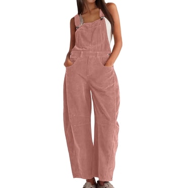 LOVZFMLL Women's Jumpsuit, Corduroy Overalls Barrel Wide Leg Bib Corduroy Pants Adjustable Romper with Pockets Pink, 2XL