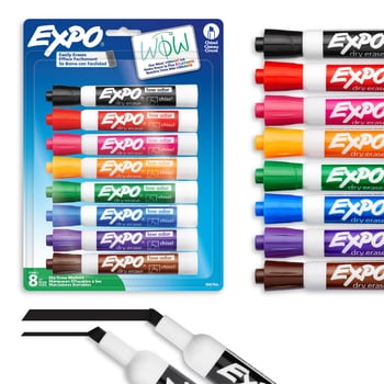 Marqueurs effaçables à sec EXPO, encre à faible odeur, couleurs variées, pointe biseautée, 8 unités