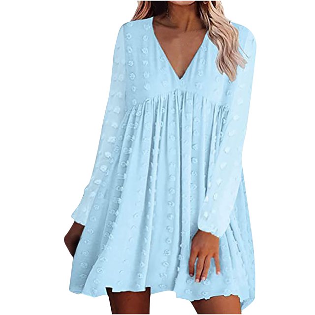 Robes d'Automne pour Femmes, Col en V Doux, Pois Suisses, Manches Longues, Robe Babydoll, Unie, Décontractée, Coupe Ample, Mini-Robe Évasée