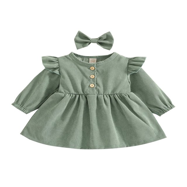 MesaSe Automne Bébé Filles Princesse Robe 2pcs Volant à Manches Longues Bouton Velours Côtelé une Ligne Robe Bandeau Vin Rouge 2-3 Ans