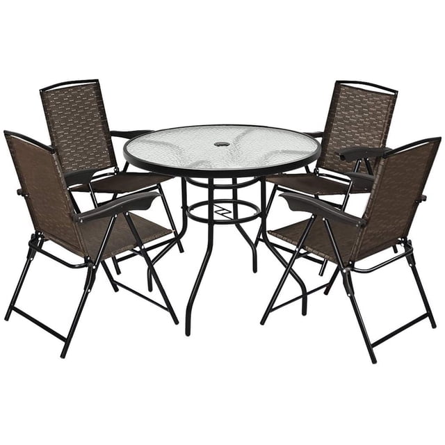 Costway Ensemble Bistro de Patio 5 Pcs 4 Chaises Pliantes Réglables Table en Verre avec Trou