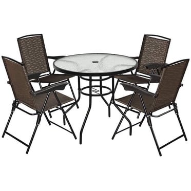 Costway 5PCS Bistro Patio Furniture Set 4 Folding Adjustable Chairs Glass Table W/Hole