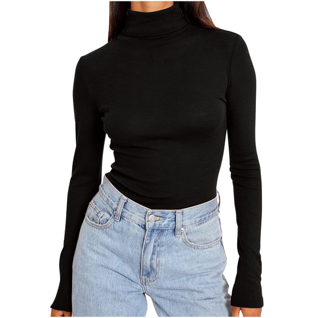 Dealovy Long Sleeve Shirts for Women Plus Size High Neck Basic Going out Tops Solid Color Undershirts