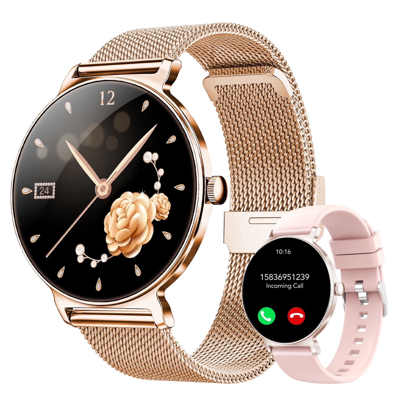 Refurbished Tikland JX523 Smart Watch for Women, 1.27-Inch Thin Face, Bluetooth Call, IP68 Waterproof, Rose Pink