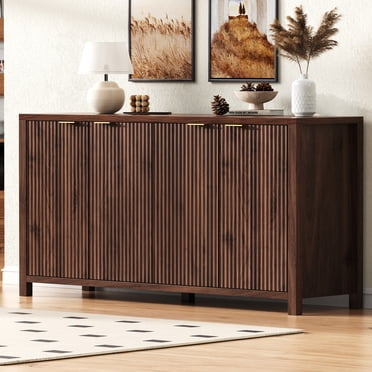 Noble House 55" Fluted Buffet Cabinet,4-Door Farmhouse Accent Storage with Adjustable Shelves for Dining Room,Brown