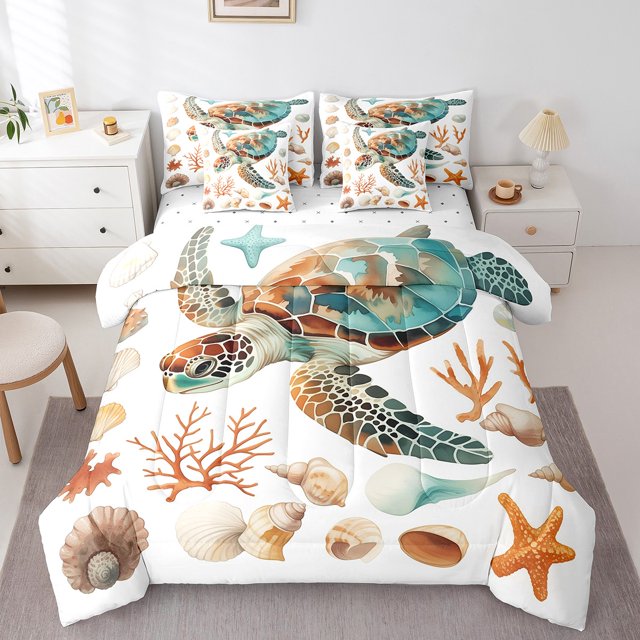YST Watercolor Sea Turtle Bed in a Bag 7pcs Starfish Seashell Bedding Set, Full Size