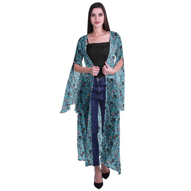 Moomaya Cardigan Long en Georgette de Viscose Imprimée à Manches Fendues pour Femmes