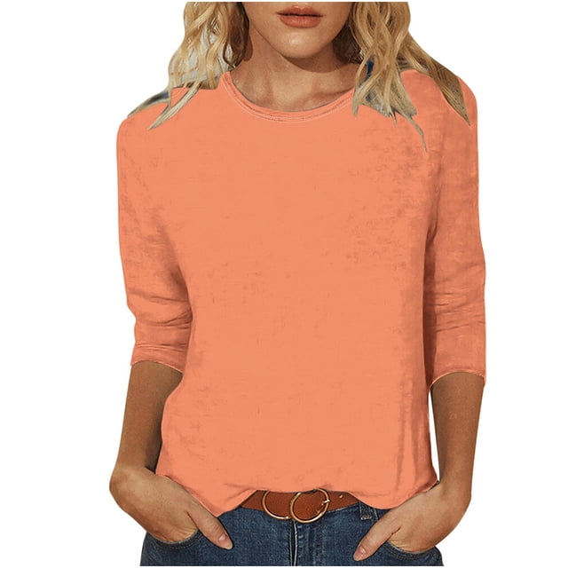 Timegard Hauts pour Femmes Été Col Rond Manches 3/4 T-Shirts Basiques Confortables Couleur Unie Blouses Décontractées Amples