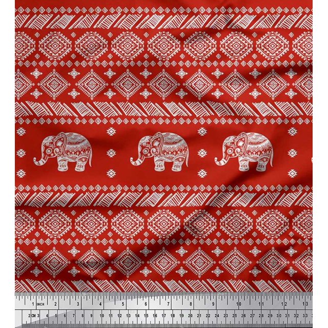 Soimoi Modal Satin Fabric Aztec & Tribal Elephant Animal Printed Fabric 1 Yard 42 Inch Wide