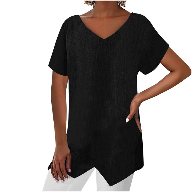 Timegard Tops for Women Cotton Linen V Neck Short Sleeve Irregularly Tee Casual Solid Color Lightweight