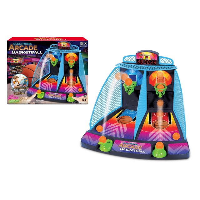 Merchant Ambassador Electronic Arcade Basketball featuring two side-by-side courts with blue mesh side panels, green spring-loaded basketball launchers, six small orange basketballs, and a large LED scoreboard with a 60-second timer and home and guest scores, designed for 1-2 players in a game room.