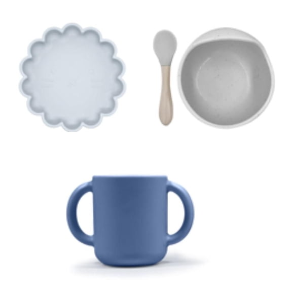 Kushies 100% Silicone Toddler Feeding Set - (Plate & Bowl & Cup with handles) – Dishwasher & Microwave Safe - Blue - 6 months +