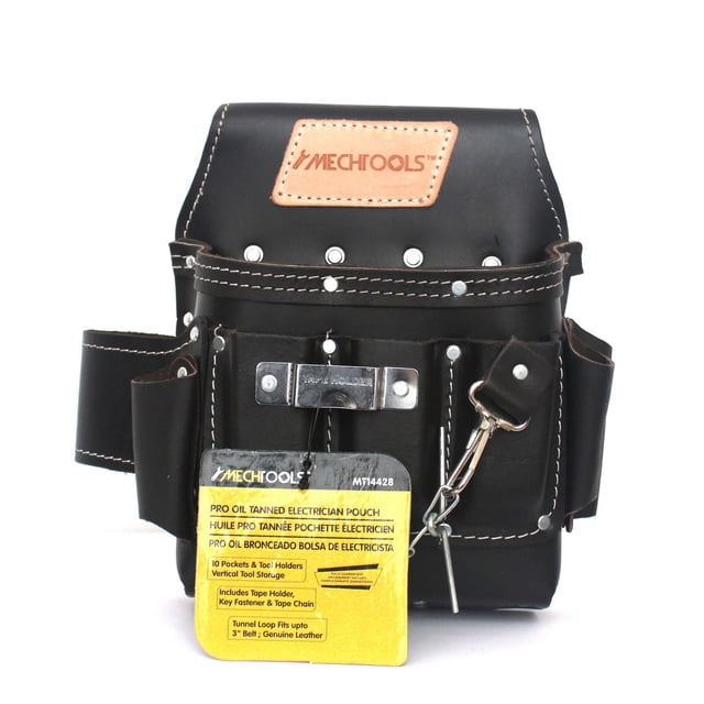 MECHTOOLS Pochette d'Électricien PRO en Cuir Véritable Noir Huilé avec 10 Pochettes et Rangement vertical pour Outils, Comprenant un Porte-Ruban, un Attache-Clés, une Chaîne à Ruban, une Pince Métallique, des Renforts à Rivets et une Boucle de tunnel de 2,5 Pouces de Large pour Courroies jusqu'à 3 Pouces, Idéale pour Électriciens et Entrepreneurs.