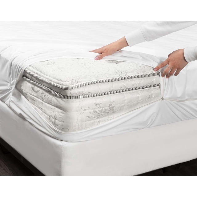 Bed Bug Mattress Protector Zippered Cover-100% Waterproof Encasement and Noiseless Up to 14 inches. A detailed view of a white mattress protector being fitted over a mattress, highlighting its zippered closure and snug fit. The protector offers full encasement to block bed bugs, allergens, and spills, featuring waterproof and hypoallergenic fabric for comfort and protection.