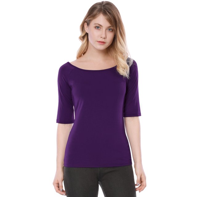 INSPIRE CHIC T-Shirt Ajusté à Manches Mi-Longues à Encolure Dégagée pour Superposition pour Femmes