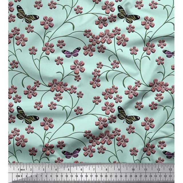 Soimoi Modal Satin Fabric Insect,Leaves & Flower Floral Fabric Prints by Yard 42 Inch Wide