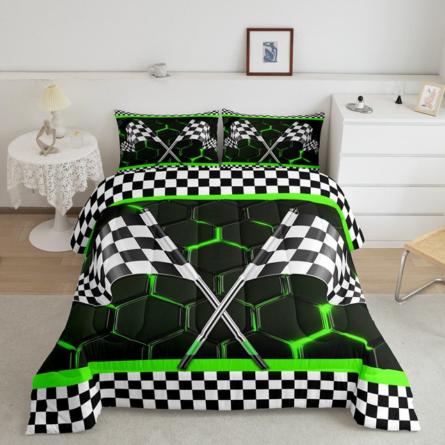 Erosebridal Racing Car Bedding Twin Comforter Set, Checkered Flag Down Comforter, Honeycomb Geometric Decor, Ultra Soft 2pcs