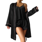 Women Pajama Sets 3 Piece Pyjamas Women's Long Nightdress Robe Set Women Top Shorts Sets Sleepwear With Chest Elegant Women's Pyjamas Leisure Suit Loungewear Bathrobe Woman Spandex Pajamas