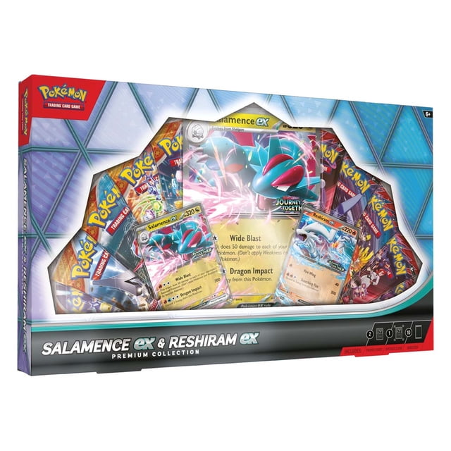 Pokemon TCG Salamence ex et Reshiram ex Boîte de Collection Premium Boîte de Collection Frontale avec logo Pokémon, Comprend des Cartes promo en Feuille Salamence ex et Reshiram ex, une Feuille Surdimensionnée Salamence ex et 10 Paquets booster Fannés à Côté de la Boîte sur un Fond Neutre; Ensemble de Cartes à Collectionner Adapté pour Exposer Ou Ajouter des promos à un Classeur.