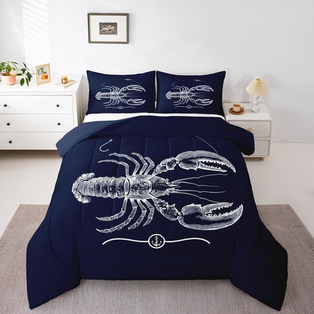 Erosebridal Ensemble de Literie Imprimé Homard Très Grand, Insert de Couette Animal Océan, Bleu Marine, Réversible 3 Pcs
