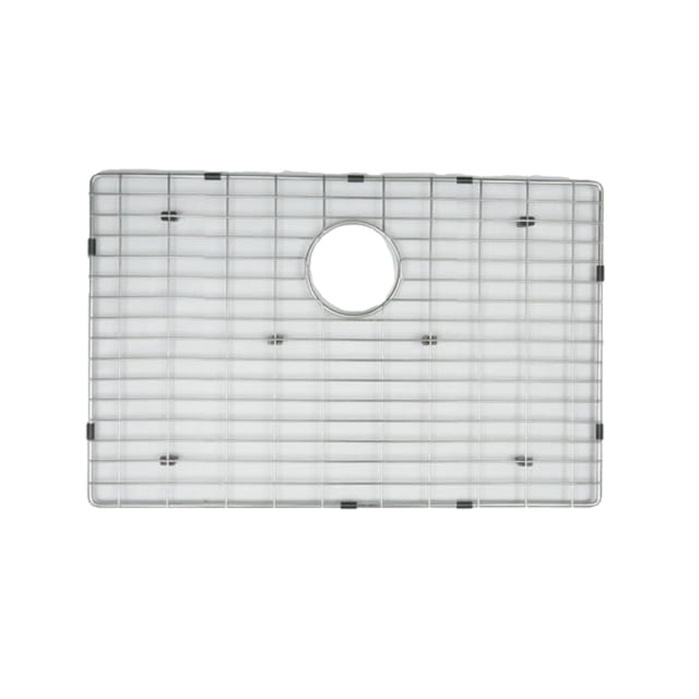 American Imaginations 20-in. W Laundry Sink Grid AI-34833, a rectangular stainless steel sink grid with chrome finish and black protective bumpers, designed for drop-in installation with a central circular drain cutout, CSA certified, also suitable for protecting delicate dishware in kitchen sinks.