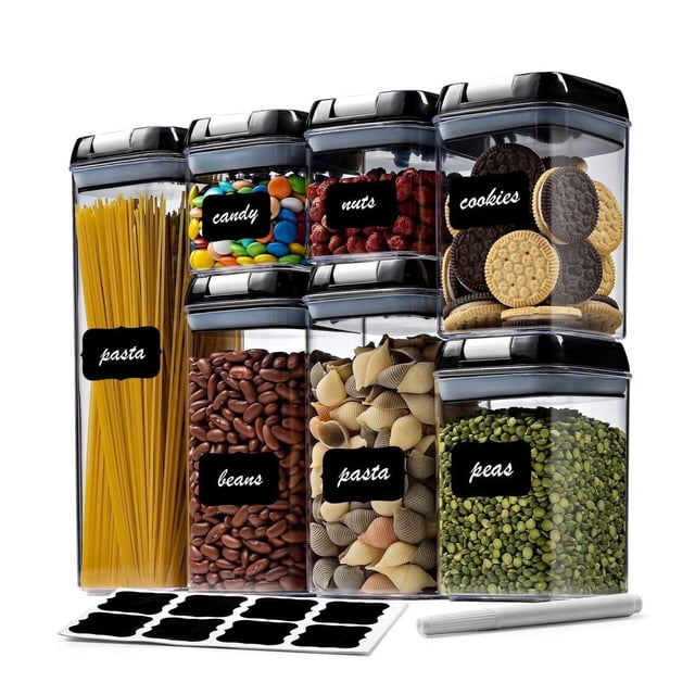 7 Pieces Airtight Food Storage Container Set featuring clear BPA-free plastic containers with black lids, including 1 tall container (1.9L), 2 medium containers (1.2L), 2 small containers (0.8L), and 2 mini containers (0.5L). Containers are labeled for items like pasta, candy, nuts, cookies, beans, and peas, with included reusable labels and a chalk marker for customization. Ideal for kitchen and pantry organization.