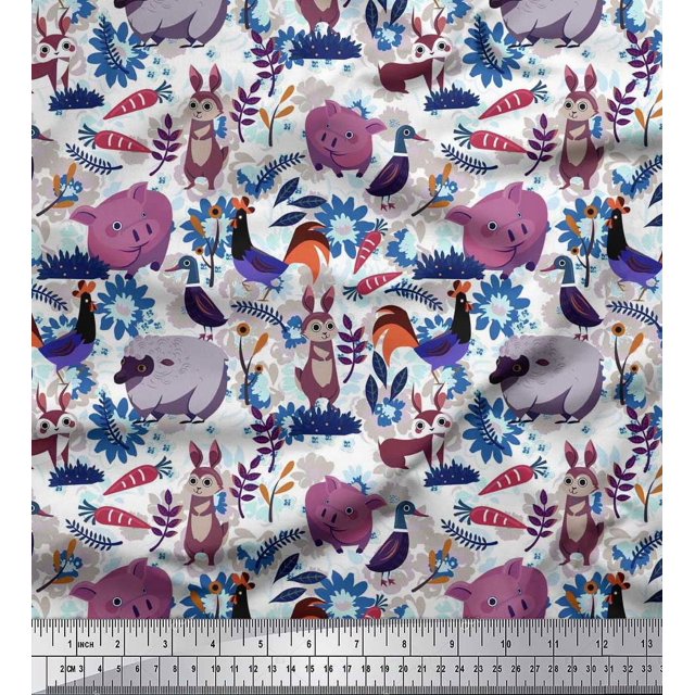 Soimoi Rayon Fabric Floral,Bird & Animal Cartoon Print Sewing Fabric Yard 56 Inch Wide