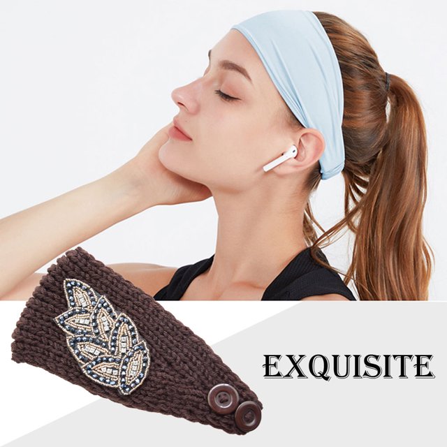 Crochet Headbands Winter Leaves Pattern with Rhinestones Elastic Buttons. Head Protector Wide Warm Chunky Hair Accessories for Girls Coffee