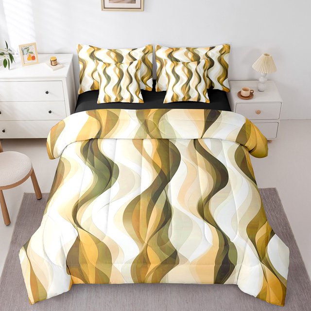 Erosebridal Modern Abstract Bed in a Bag Full size, Stripes Wave Bed Set, Chic Geometric Reversible Comforter Sets, Breathable Room Decoration, 7pcs