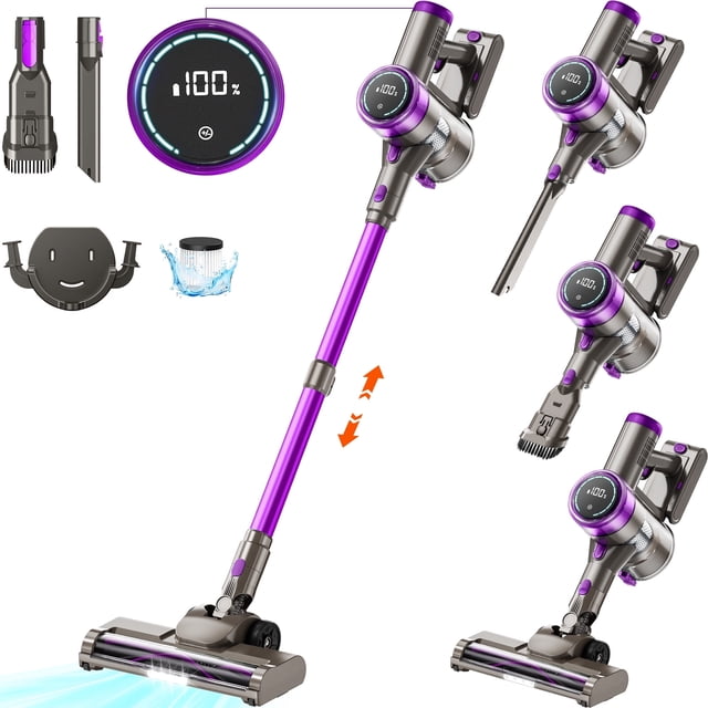 KANFUAQ Cordless Stick Vacuum Cleaner with a lightweight purple design, powered by a 400W brushless motor providing up to 38KPA suction. Features include a flexible LED motorized floor brush, touch screen LED display, and multiple attachments for cleaning hardwood floors, carpets, and pet hair. Equipped with a 2200mAh rechargeable battery for up to 50 minutes of runtime, a 1-liter dust cup, and a 5-stage filtration system. Accessories include a long flat nozzle, soft brush nozzle, and wall mount for compact storage.