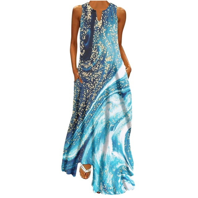 EQWLJWE Longue Robe pour Femmes Femmes Décontractée Ample Imprimée Robe Débardeur Plage Col en V avec Poche Robe d'Été Sans Manches Robes