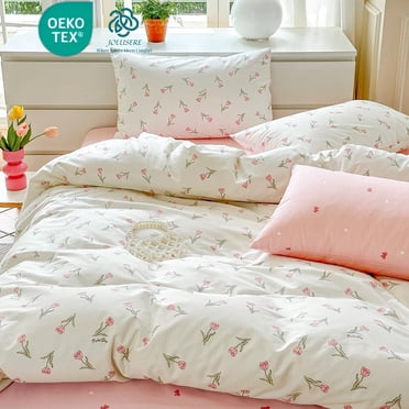 JOLUSERE Ensemble de Housse de Couette en Coton Biologique 100 %, 3 Pcs Blanc Rose Floral Fleur Tulipe Réversible Ensemble de Literie Doux Très Grand
