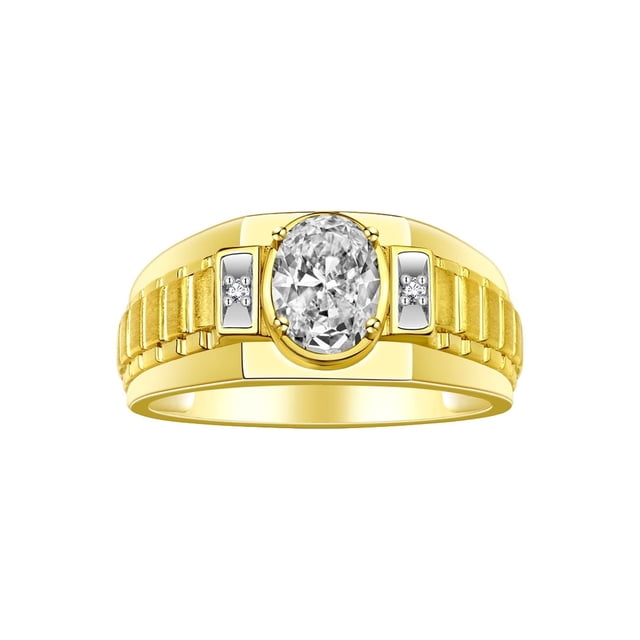 RYLOS Men's Rings 14K Yellow Gold Ring Classic Designer Style 8X6MM Oval Gemstone & Diamond Ring White Topaz Birthstone Rings For Men Size 12