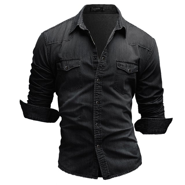 Men Denim Long-Sleeve Beefy Button Basic Solid Blouse Tee Shirt Top